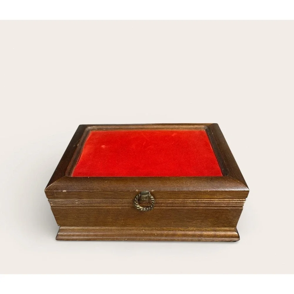 MCM Red Velvet Wood Jewelry Box w/ Contents – Mid Century Modern vintage